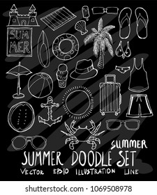 Set of Summer illustration Hand drawn doodle Sketch line vector on chalkboard