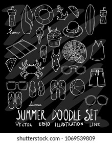Set of Summer illustration Hand drawn doodle Sketch line vector on chalkboard