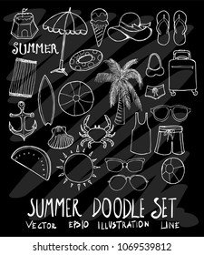 Set of Summer illustration Hand drawn doodle Sketch line vector on chalkboard