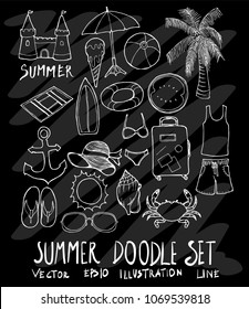 Set of Summer illustration Hand drawn doodle Sketch line vector on chalkboard