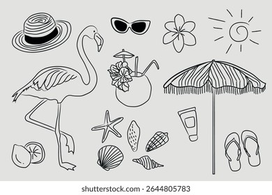 Conjunto de ilustración de verano. Dibujado a mano elemento de icono de verano, doodle de verano, dibujo de línea