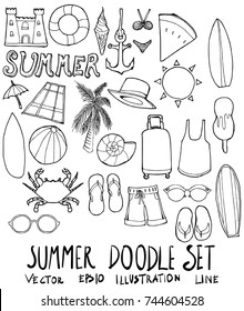 Set of Summer illustration Hand drawn doodle Sketch line vector
