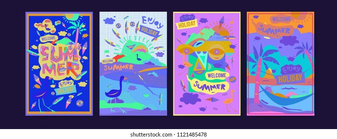 Set of summer illustration for poster, cover, and advertisement. Retro and vintage summer design illustration. Summer holiday background template in eps10.