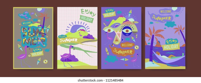 Set of summer illustration for poster, cover, and advertisement. Retro and vintage summer design illustration. Summer holiday background template in eps10.