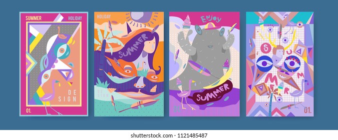 Set of summer illustration for poster, cover, and advertisement. Retro and vintage summer design illustration. Summer holiday background template in eps10.