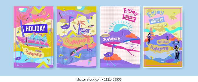 Set of summer illustration for poster, cover, and advertisement. Retro and vintage summer design illustration. Summer holiday background template in eps10.