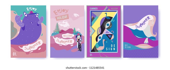Set of summer illustration for poster, cover, and advertisement. Retro and vintage summer design illustration. Summer holiday background template in eps10.