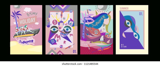 Set of summer illustration for poster, cover, and advertisement. Retro and vintage summer design illustration. Summer holiday background template in eps10.