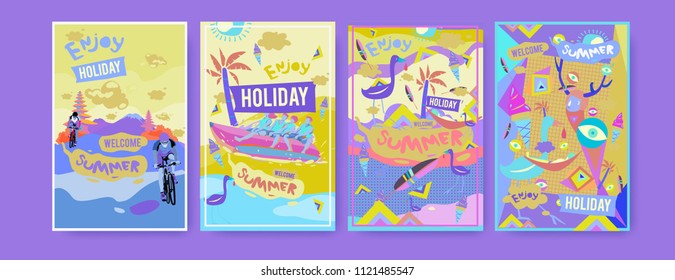Set of summer illustration for poster, cover, and advertisement. Retro and vintage summer design illustration. Summer holiday background template in eps10.