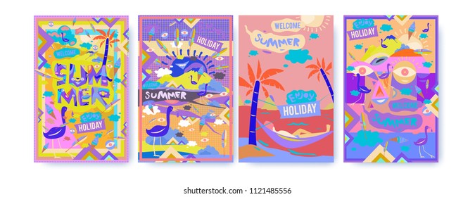 Set of summer illustration for poster, cover, and advertisement. Retro and vintage summer design illustration. Summer holiday background template in eps10.