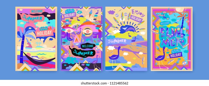 Set of summer illustration for poster, cover, and advertisement. Retro and vintage summer design illustration. Summer holiday background template in eps10.