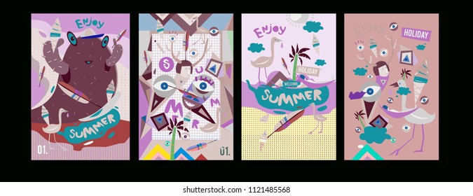 Set of summer illustration for poster, cover, and advertisement. Retro and vintage summer design illustration. Summer holiday background template in eps10.