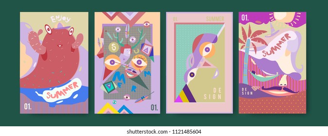 Set of summer illustration for poster, cover, and advertisement. Retro and vintage summer design illustration. Summer holiday background template in eps10.