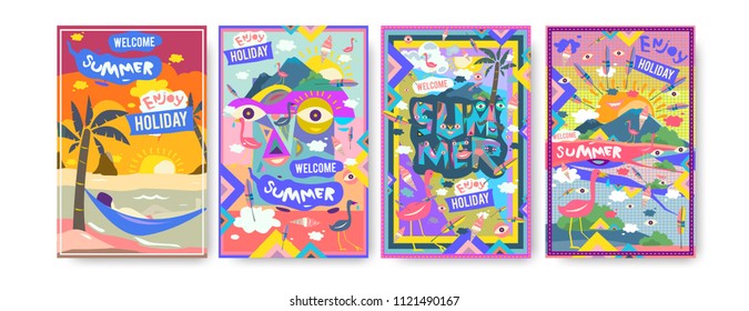 Set of summer illustration for poster, cover, and advertisement. Retro and vintage summer design illustration. Summer holiday background template in eps10.