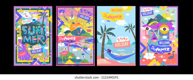 Set of summer illustration for poster, cover, and advertisement. Retro and vintage summer design illustration. Summer holiday background template in eps10.