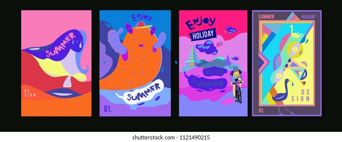 Set of summer illustration for poster, cover, and advertisement. Retro and vintage summer design illustration. Summer holiday background template in eps10.