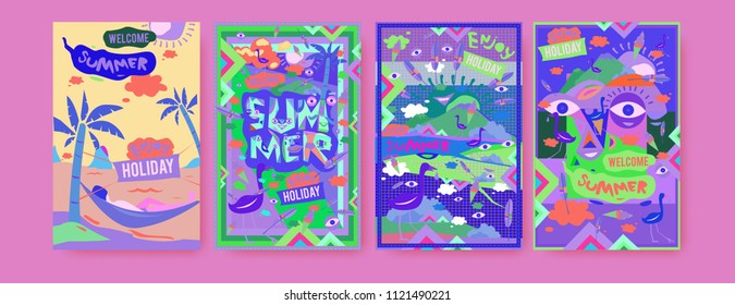 Set of summer illustration for poster, cover, and advertisement. Retro and vintage summer design illustration. Summer holiday background template in eps10.