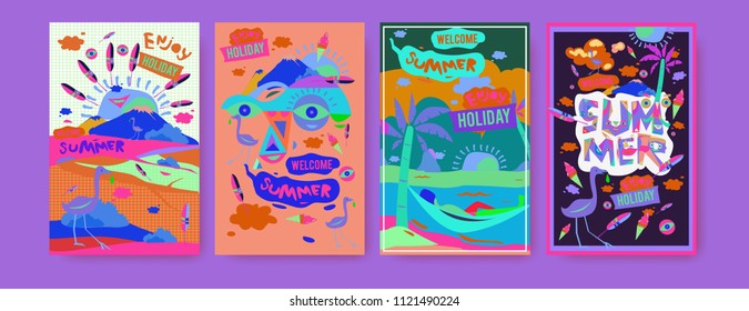 Set of summer illustration for poster, cover, and advertisement. Retro and vintage summer design illustration. Summer holiday background template in eps10.