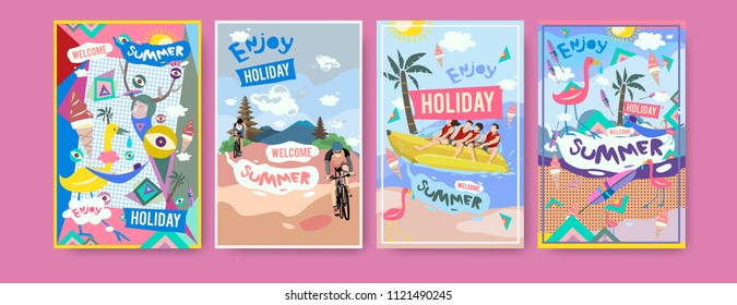Set of summer illustration for poster, cover, and advertisement. Retro and vintage summer design illustration. Summer holiday background template in eps10.