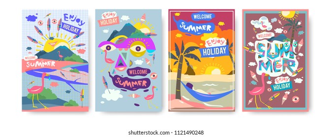 Set of summer illustration for poster, cover, and advertisement. Retro and vintage summer design illustration. Summer holiday background template in eps10.