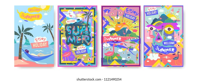Set of summer illustration for poster, cover, and advertisement. Retro and vintage summer design illustration. Summer holiday background template in eps10.