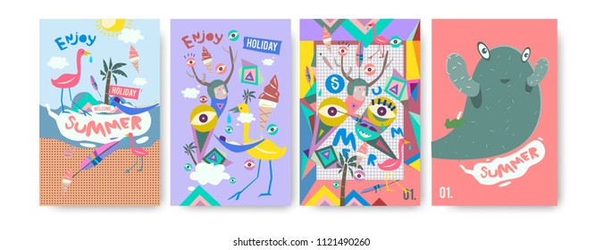 Set of summer illustration for poster, cover, and advertisement. Retro and vintage summer design illustration. Summer holiday background template in eps10.