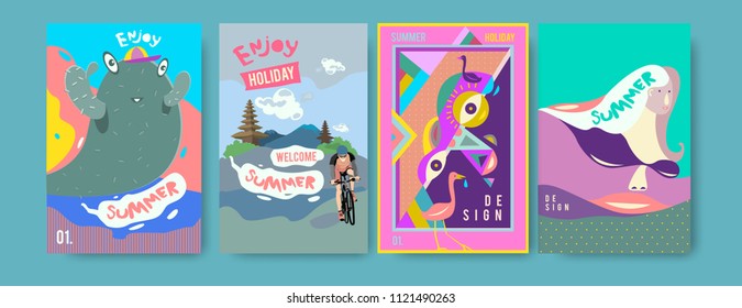 Set of summer illustration for poster, cover, and advertisement. Retro and vintage summer design illustration. Summer holiday background template in eps10.