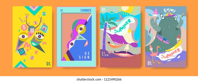 Set of summer illustration for poster, cover, and advertisement. Retro and vintage summer design illustration. Summer holiday background template in eps10.