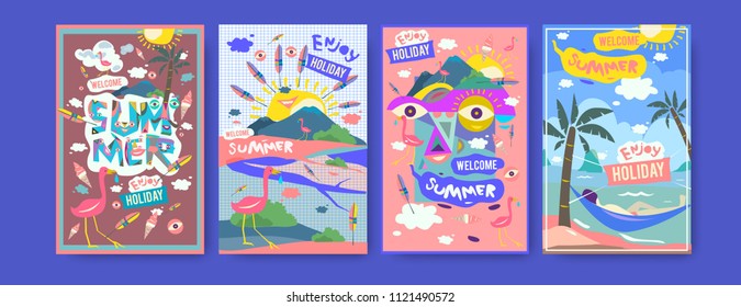 Set of summer illustration for poster, cover, and advertisement. Retro and vintage summer design illustration. Summer holiday background template in eps10.