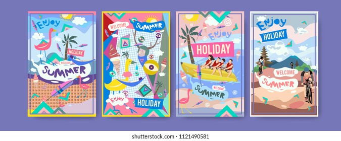 Set of summer illustration for poster, cover, and advertisement. Retro and vintage summer design illustration. Summer holiday background template in eps10.