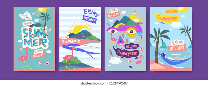 Set of summer illustration for poster, cover, and advertisement. Retro and vintage summer design illustration. Summer holiday background template in eps10.