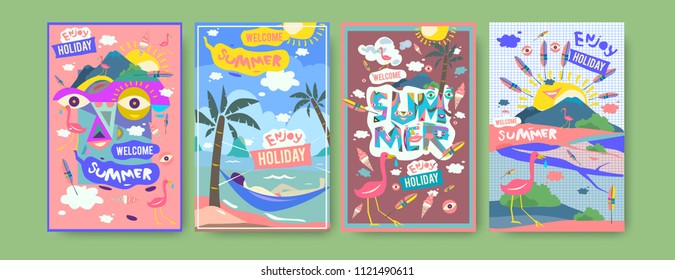 Set of summer illustration for poster, cover, and advertisement. Retro and vintage summer design illustration. Summer holiday background template in eps10.