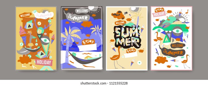 Set of summer illustration for poster, cover, and advertisement. Retro and vintage summer design illustration. Summer holiday background template in eps10.
