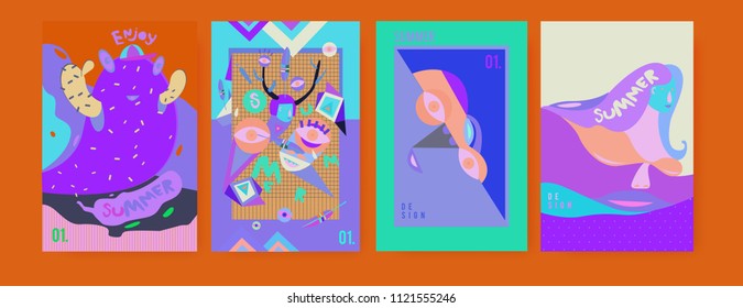 Set of summer illustration for poster, cover, and advertisement. Retro and vintage summer design illustration. Summer holiday background template in eps10.
