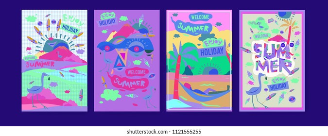 Set of summer illustration for poster, cover, and advertisement. Retro and vintage summer design illustration. Summer holiday background template in eps10.

