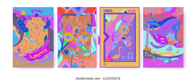 Set of summer illustration for poster, cover, and advertisement. Retro and vintage summer design illustration. Summer holiday background template in eps10.
