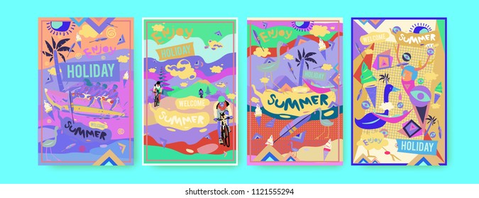 Set of summer illustration for poster, cover, and advertisement. Retro and vintage summer design illustration. Summer holiday background template in eps10.
