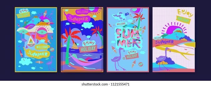 Set of summer illustration for poster, cover, and advertisement. Retro and vintage summer design illustration. Summer holiday background template in eps10.

