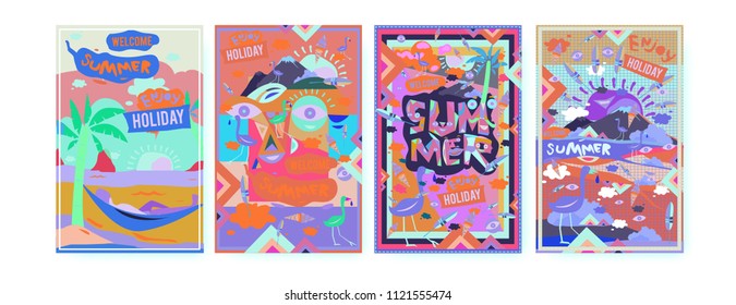 Set of summer illustration for poster, cover, and advertisement. Retro and vintage summer design illustration. Summer holiday background template in eps10.
