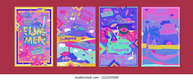 Set of summer illustration for poster, cover, and advertisement. Retro and vintage summer design illustration. Summer holiday background template in eps10.
