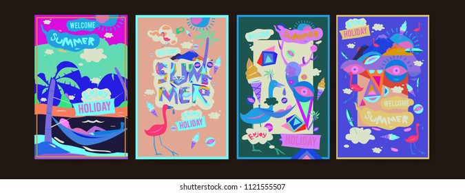 Set of summer illustration for poster, cover, and advertisement. Retro and vintage summer design illustration. Summer holiday background template in eps10.
