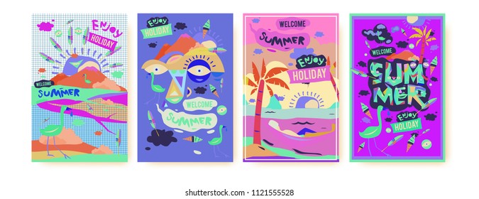 Set of summer illustration for poster, cover, and advertisement. Retro and vintage summer design illustration. Summer holiday background template in eps10.
