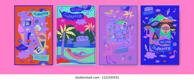 Set of summer illustration for poster, cover, and advertisement. Retro and vintage summer design illustration. Summer holiday background template in eps10.
