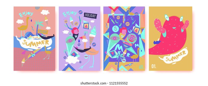 Set of summer illustration for poster, cover, and advertisement. Retro and vintage summer design illustration. Summer holiday background template in eps10.
