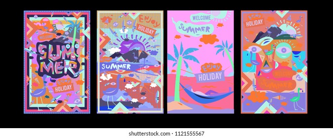 Set of summer illustration for poster, cover, and advertisement. Retro and vintage summer design illustration. Summer holiday background template in eps10.
