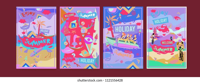 Set of summer illustration for poster, cover, and advertisement. Retro and vintage summer design illustration. Summer holiday background template in eps10.
