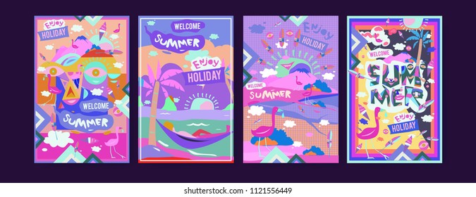 Set of summer illustration for poster, cover, and advertisement. Retro and vintage summer design illustration. Summer holiday background template in eps10.
