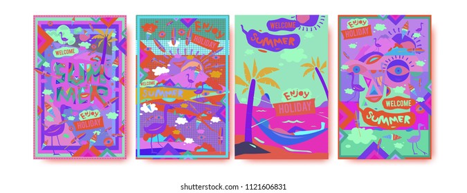 Set of summer illustration for poster, cover, and advertisement. Retro and vintage summer design illustration. Summer holiday background template in eps10.
