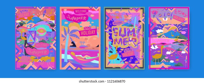 Set of summer illustration for poster, cover, and advertisement. Retro and vintage summer design illustration. Summer holiday background template in eps10.
