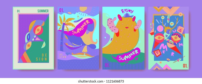 Set of summer illustration for poster, cover, and advertisement. Retro and vintage summer design illustration. Summer holiday background template in eps10.
